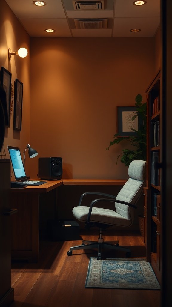 A cozy small home office with warm ambient lighting and a comfortable chair.
