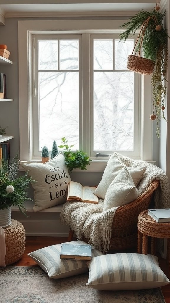 A cozy nook decorated with winter greenery, pillows, and a book.