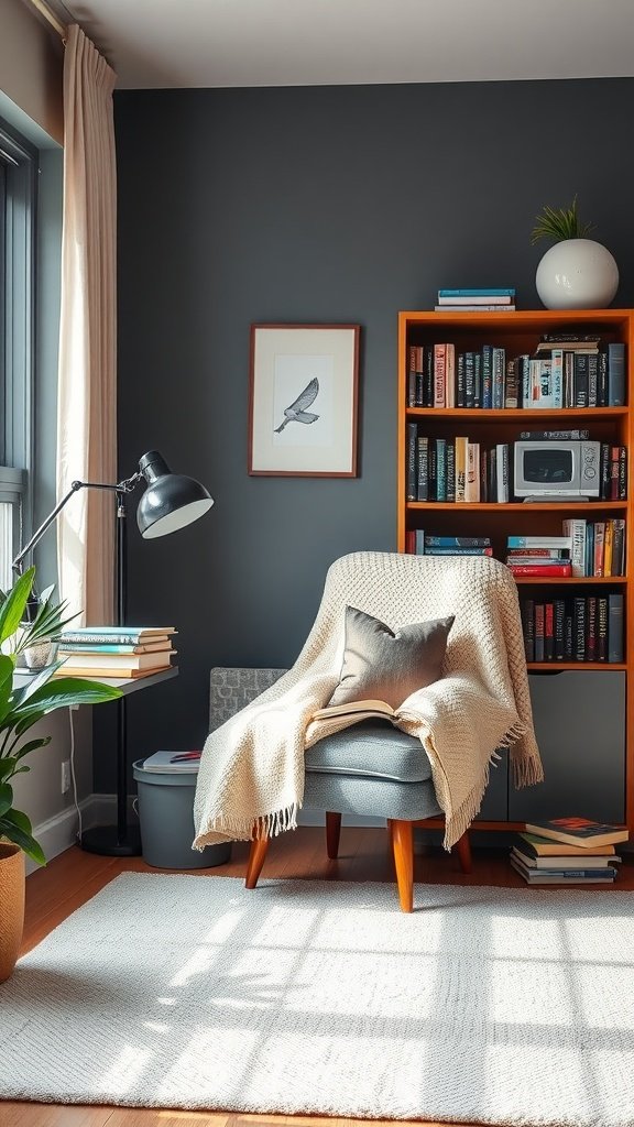 Cozy reading nook in a feminine home office with a comfy chair, bookshelves, and natural light.