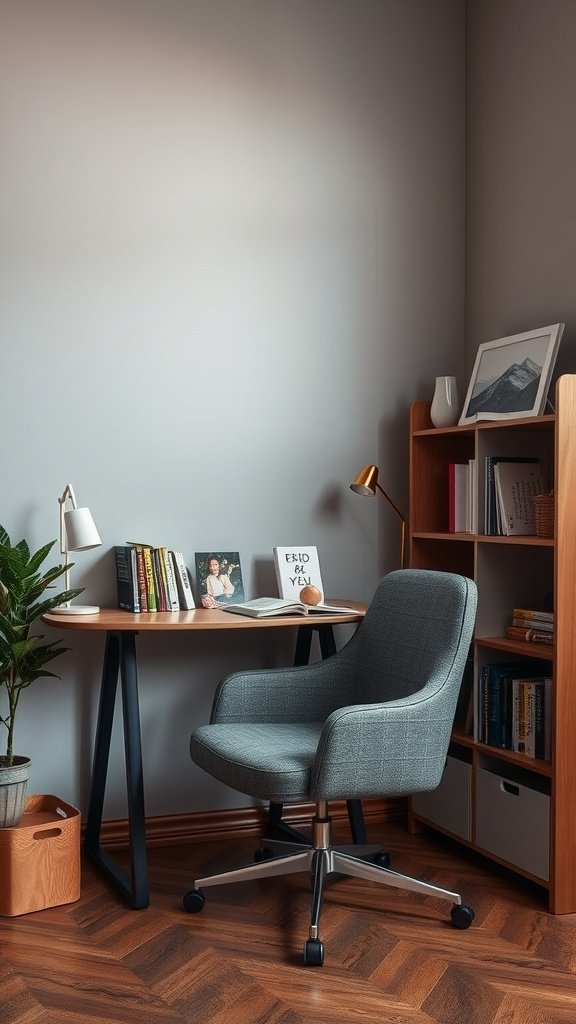 Cozy reading nook with a simple desk, comfy chair, and book shelf