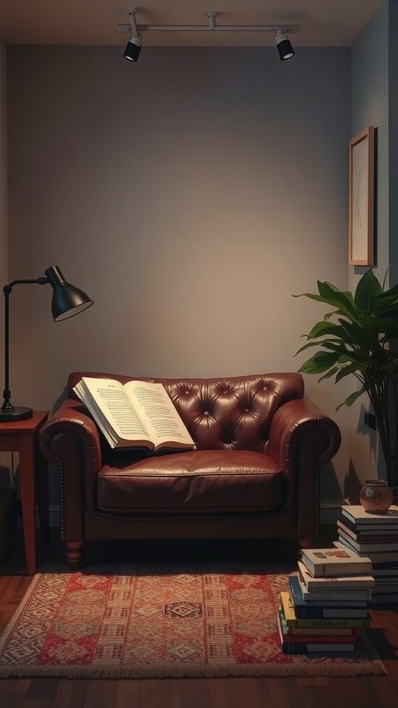 Cozy reading nook featuring a brown leather couch with an open book, a lamp, and stacked books.