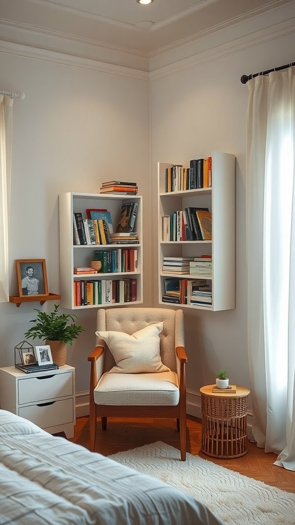 Cozy reading nook with bookshelves, a comfortable chair, and a small side table.