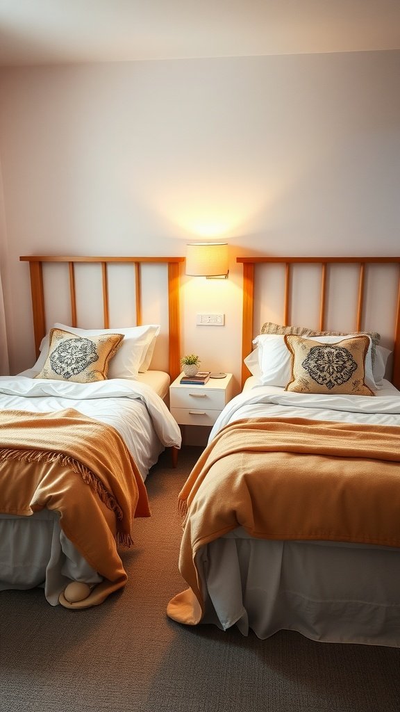 Cozy twin bed setup with warm blankets and decorative pillows.