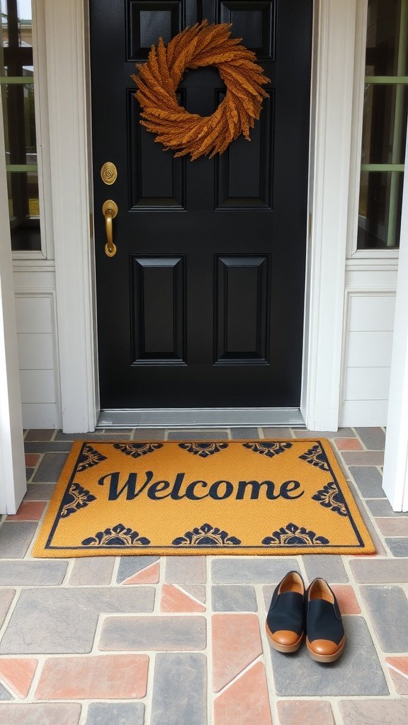 Cozy entryway with a welcome mat, black door, and a decorative wreath.