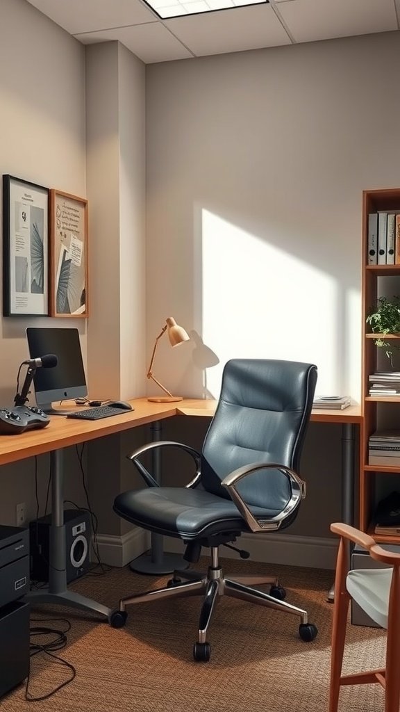 A cozy and minimalist dedicated office area with a chair and headphones.