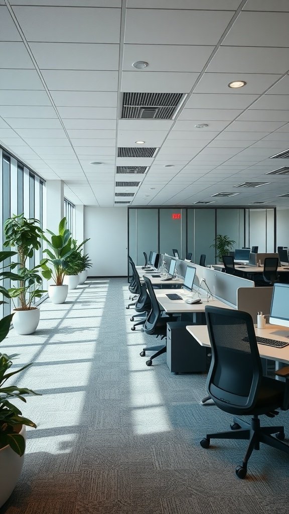 Modern office space with plants and desks arranged near windows.