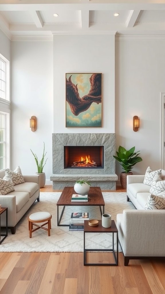 A stylish living room featuring a cozy green sofa, warm-toned armchairs, a modern coffee table, and a beautiful fireplace.