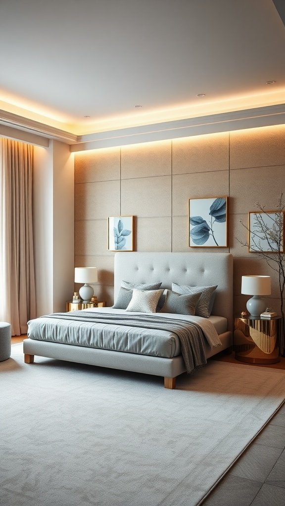 A stylish and modern bedroom featuring a plush bed, elegant decor, and soft lighting.