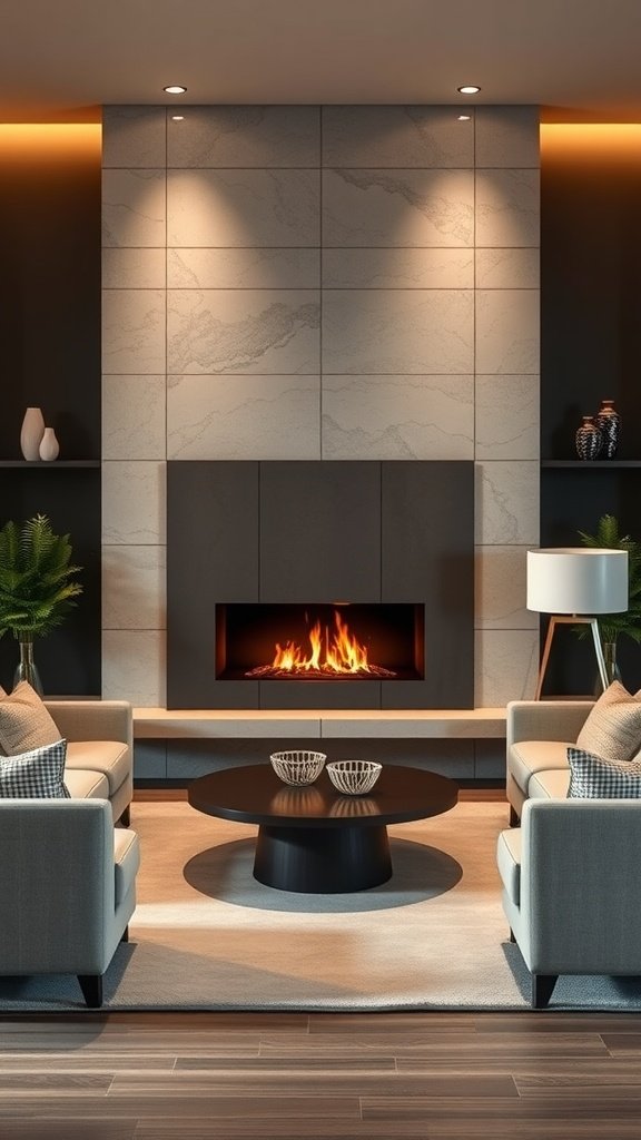 Modern living room with a fireplace as a focal point