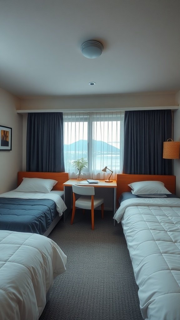 A shared bedroom with two beds and a small study area.