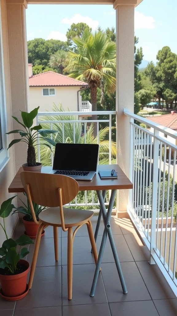 A small balcony workspace with a table, chair, laptop, and potted plants surrounded by greenery.