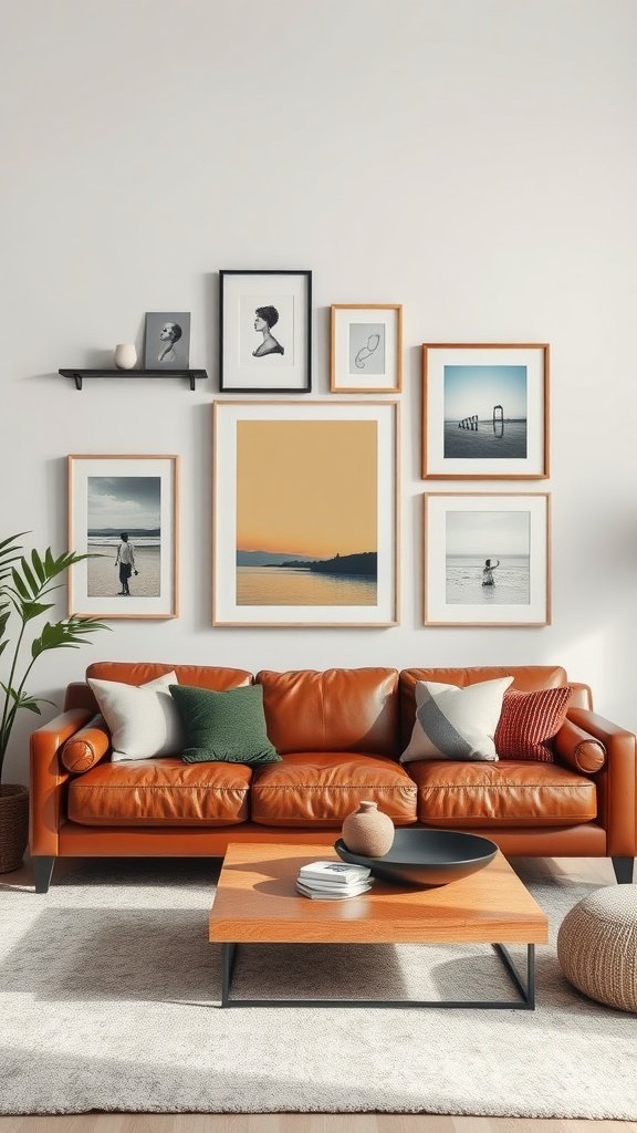 A stylish living room featuring a brown leather couch with a gallery wall above it.