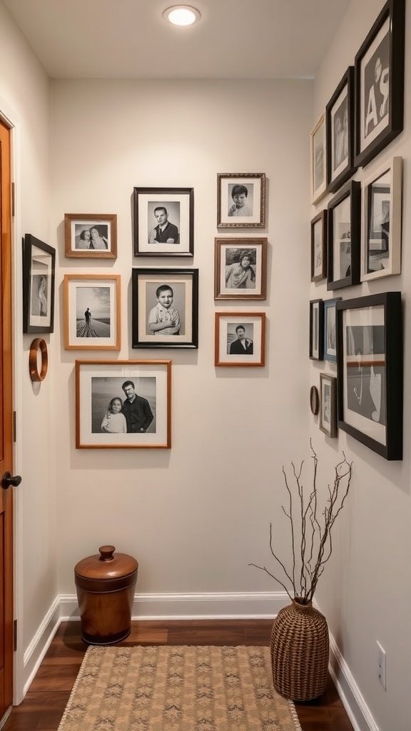 Gallery wall with various framed photographs in an entryway.