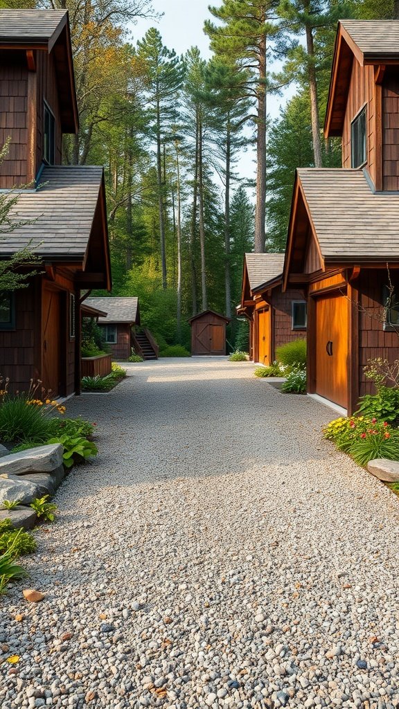 A scenic gravel driveway flanked by rustic wooden buildings and lush greenery.