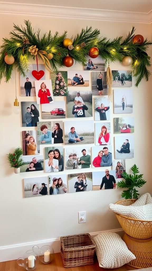 A decorated photo wall with winter greenery, framed photos, and ornaments.