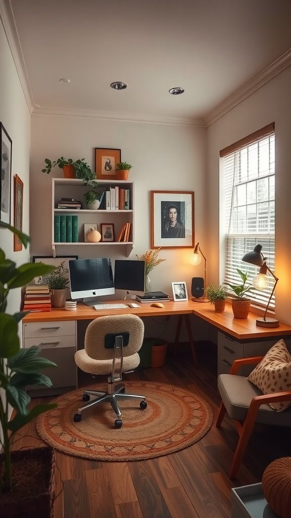 A cozy home office setup with plants, a desk, and comfortable seating.