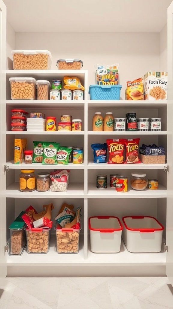 Organized pantry with snacks and storage bins