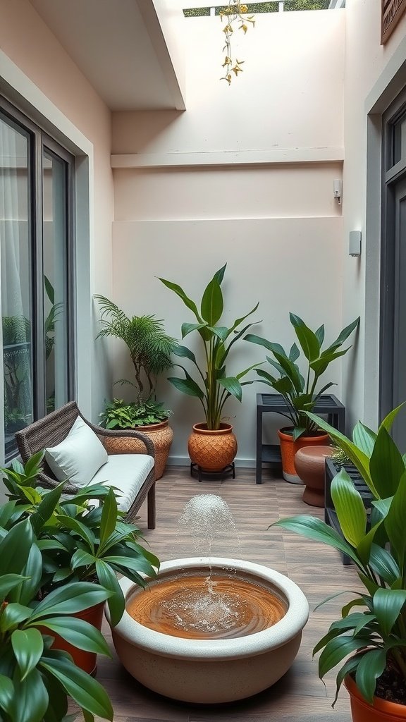 A cozy balcony space featuring plants and a small water fountain.