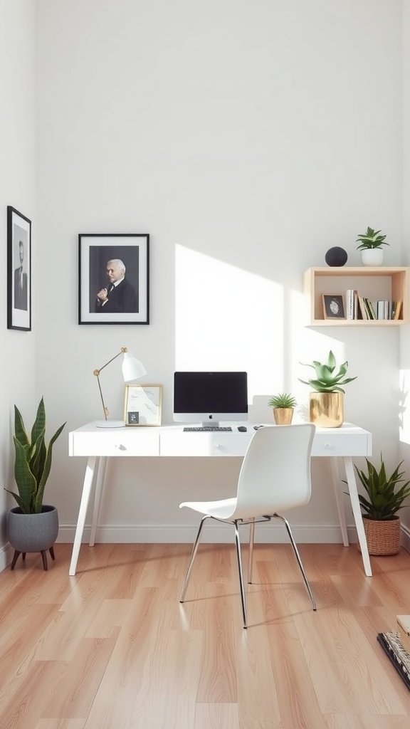 Minimalist small home office with white desk, computer, and plants.