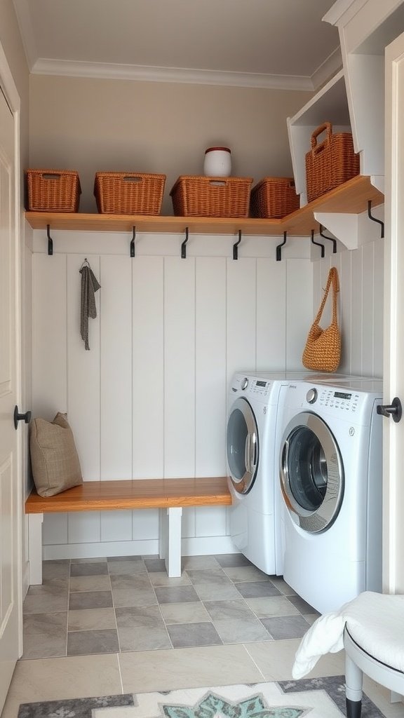 A stylish mudroom-laundry hybrid featuring a bench, wood shelves, and modern washer and dryer.