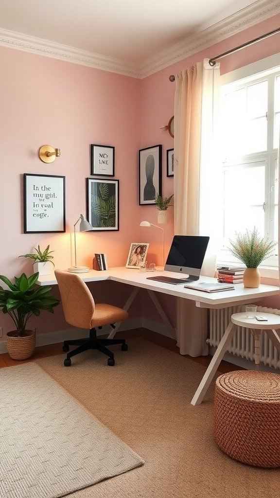 A feminine home office with a pink wall, modern desk, and cozy chair.
