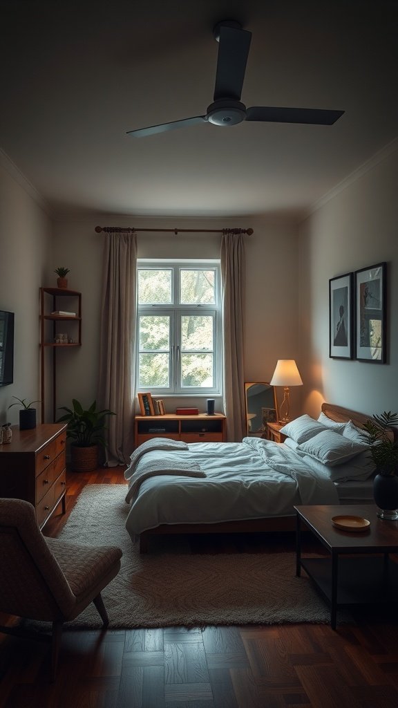 A beautifully designed bedroom with a cozy reading nook and workspace.