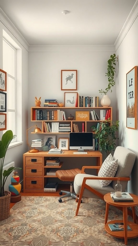 A cozy small home office with a desk, chair, and bookshelves, showcasing a blend of work and leisure spaces.