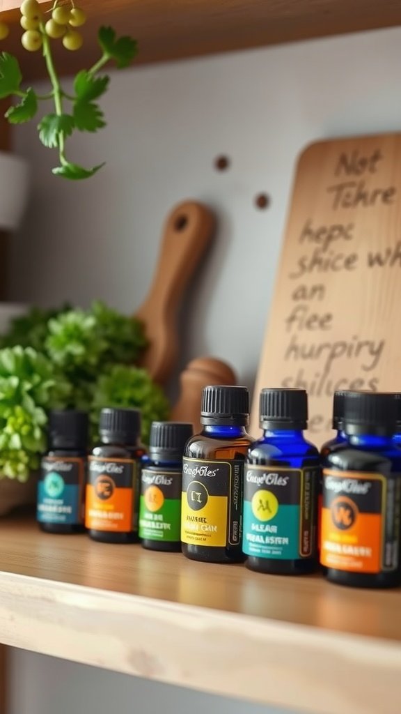 A shelf with various essential oil bottles and a small plant in an apothecary kitchen setting.