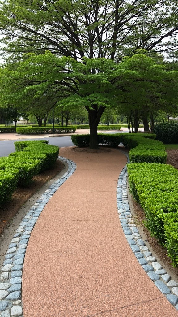 Curved pathway bordered by greenery and a large tree.