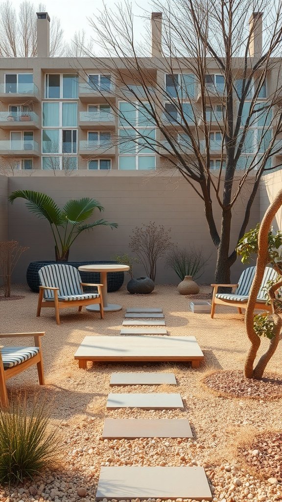 A serene dry garden featuring stepping stones, lounge chairs, and ornamental plants, creating a peaceful retreat.