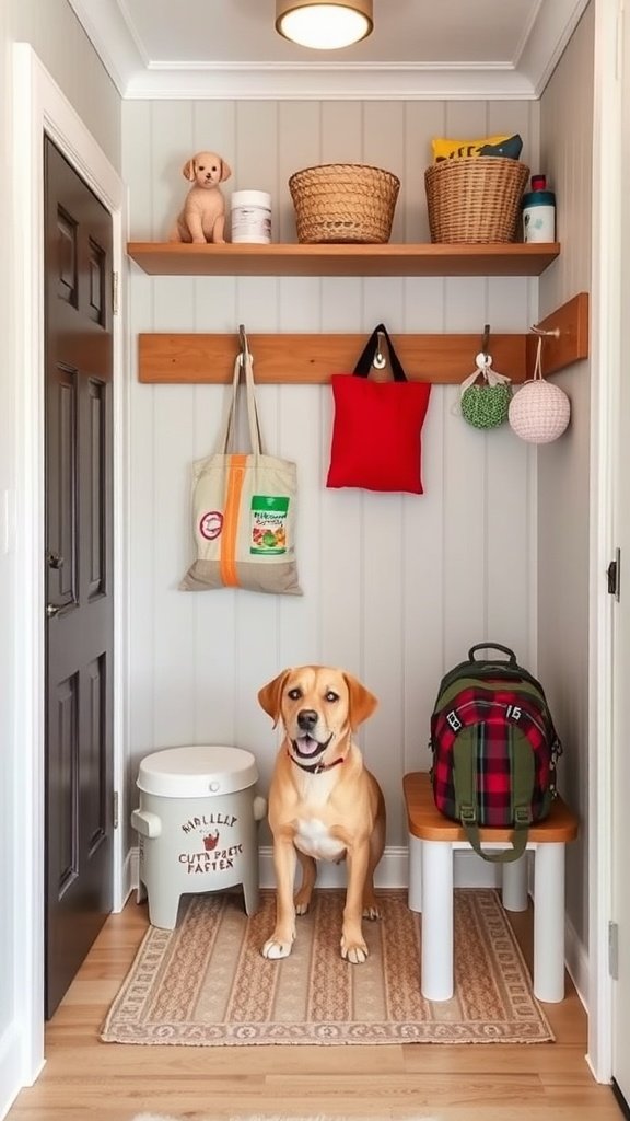 A small and organized entryway with pet supplies and decor.