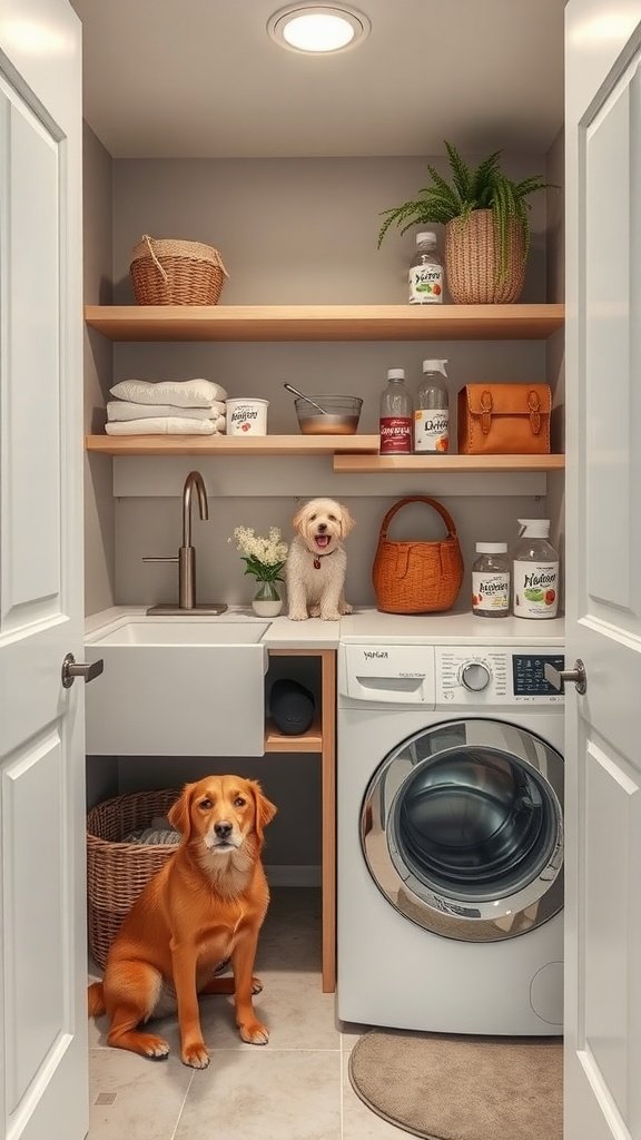 A cozy and organized laundry room with pet-friendly elements.