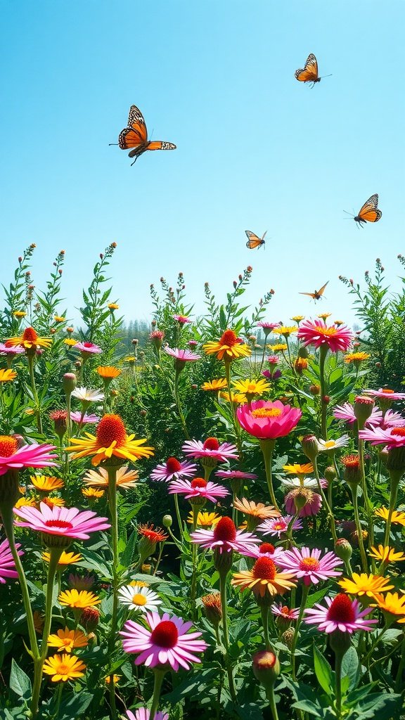Colorful flowers with butterflies flying around