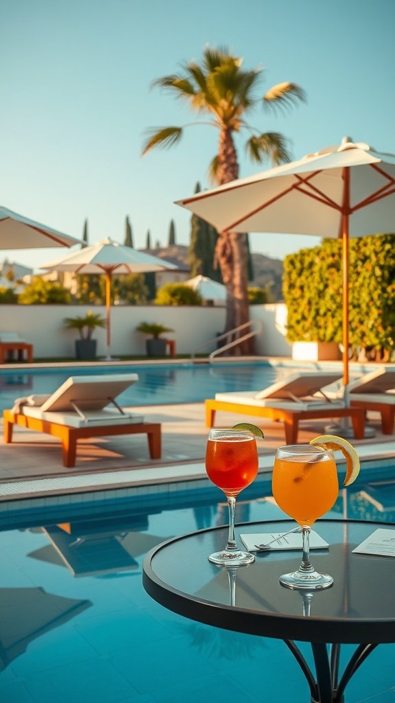 A poolside lounge area with drinks and lounge chairs