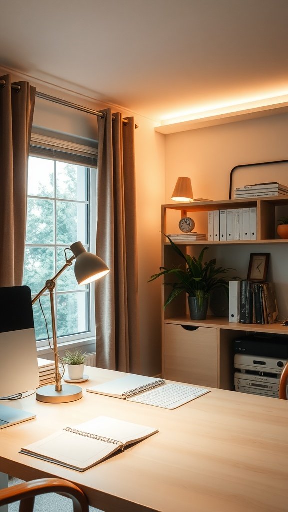 A cozy home office with warm lighting, featuring a simple desk setup and bookshelves.