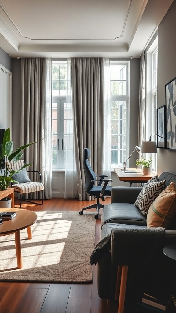 Stylish office area in living room with desk, chair, and natural light