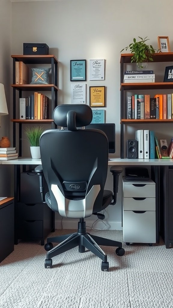 A cozy small home office setup with ergonomic seating, bookshelves, and a computer.