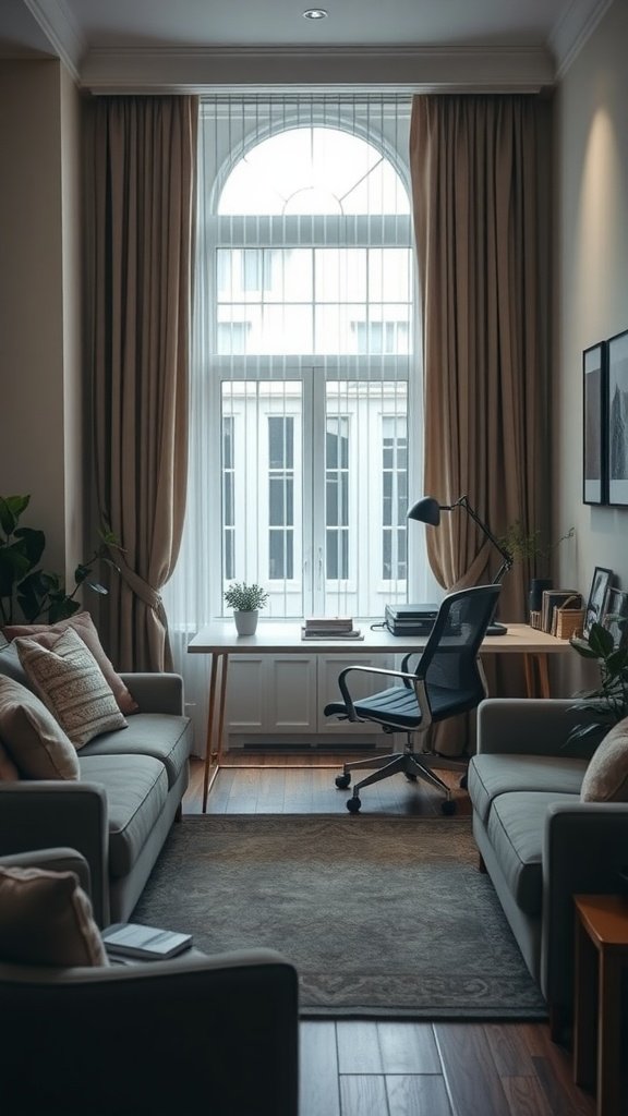 A cozy office nook in a living room, featuring a desk, chair, and comfortable seating.