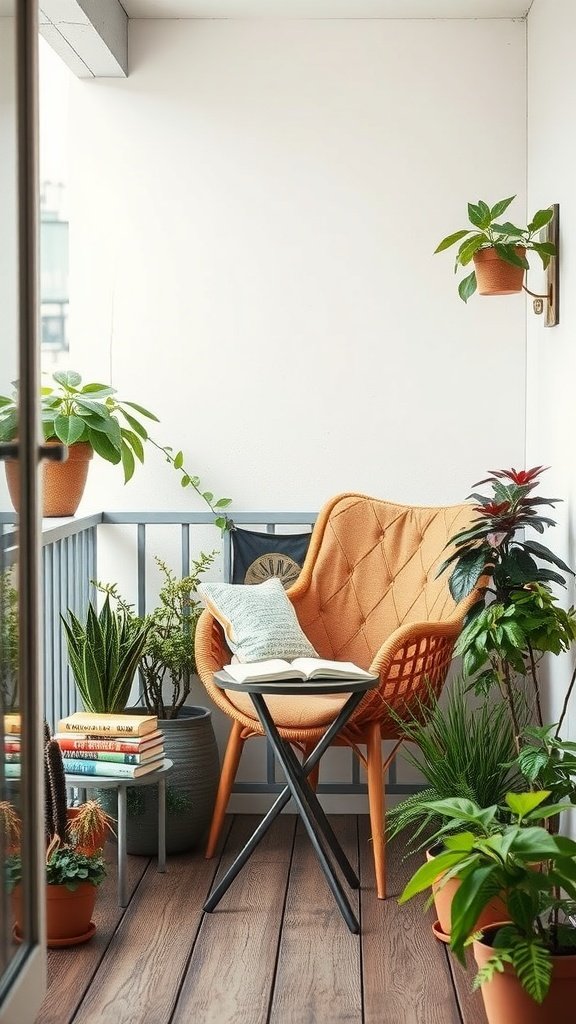 Cozy balcony with an orange chair, a book on a table, and lush plants.