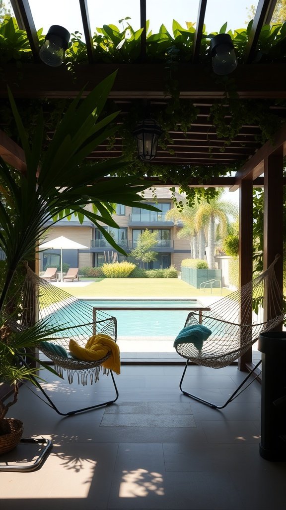 A serene backyard with a swimming pool and hammocks, surrounded by lush greenery.