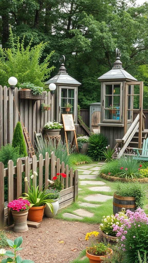 A rustic country garden with flower pots and decorative wooden structures.