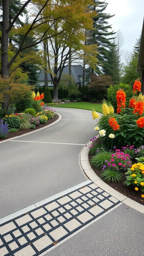 A beautifully landscaped driveway with colorful flowers lining the sides.