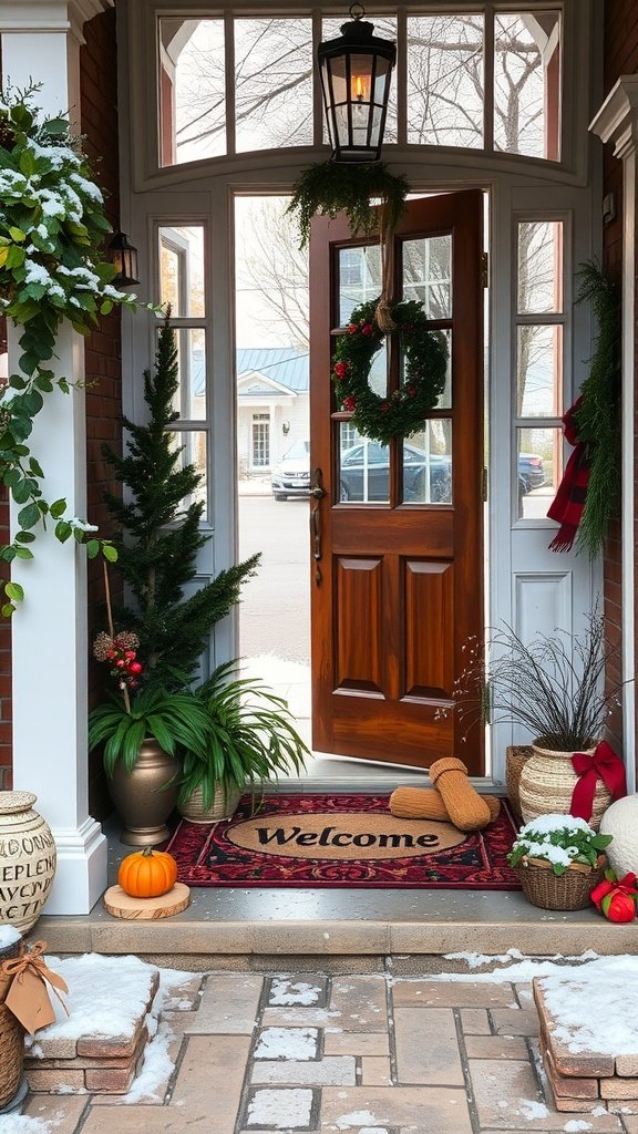 A cozy entryway decorated with greenery, a welcome mat, and seasonal accents.