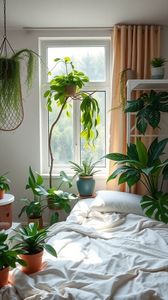 A serene bedroom filled with various plants, showcasing a cozy atmosphere.