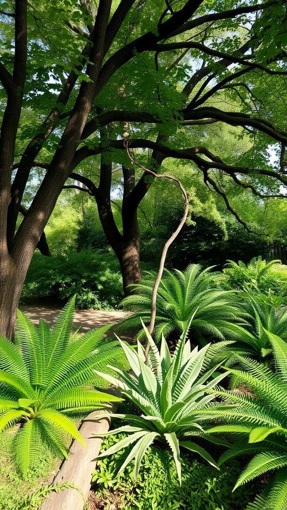 Lush green plants in a shaded garden area