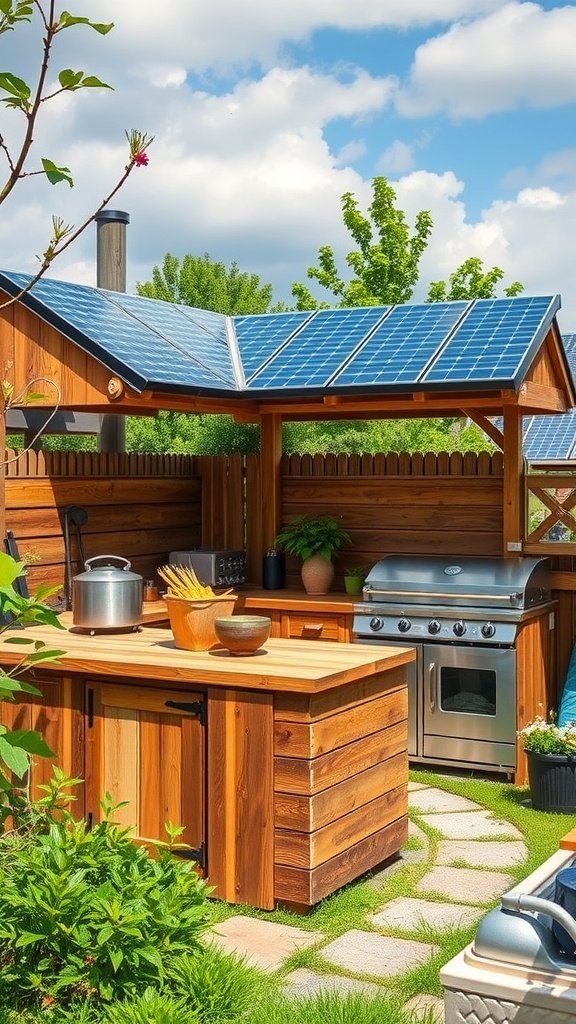 An outdoor kitchen with wooden elements and solar panels, surrounded by greenery.