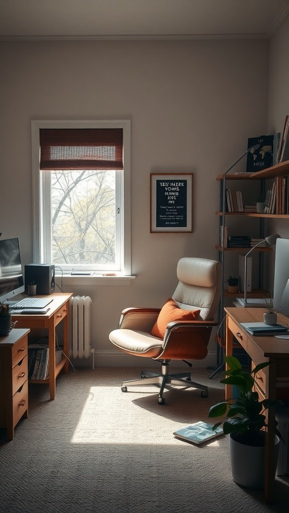 Cozy home office with a comfortable chair and natural light.