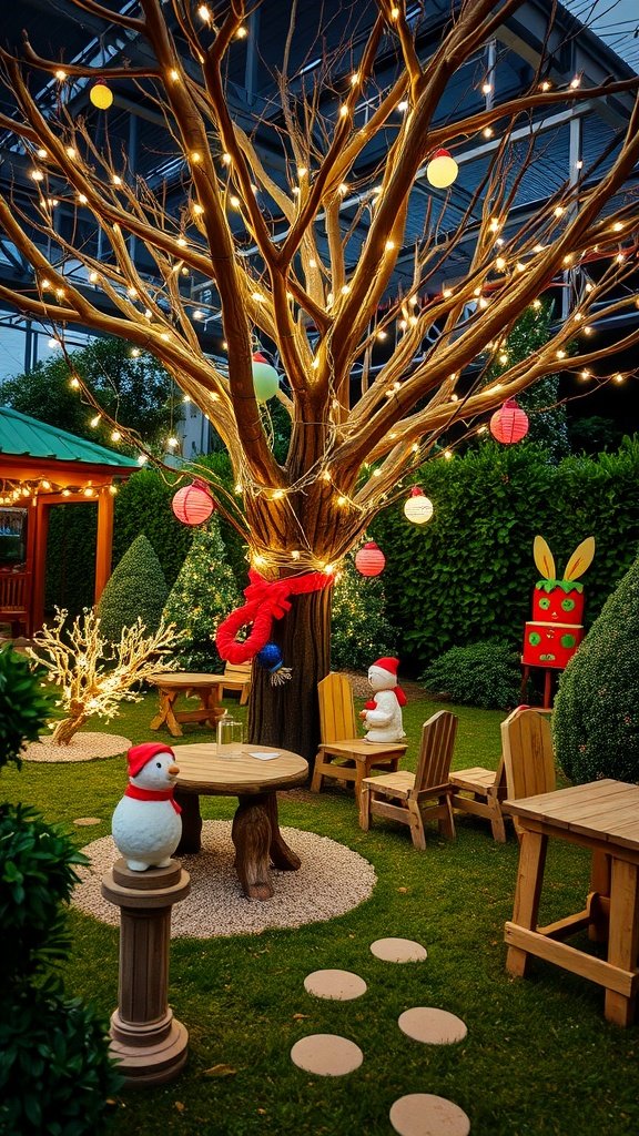 A beautifully decorated garden space around a tree with lights and festive ornaments.