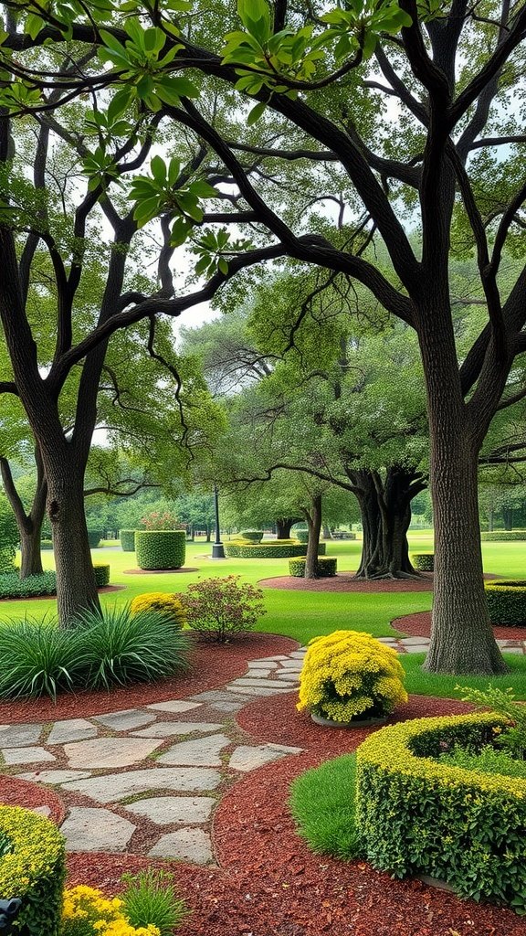 Beautiful landscaping around trees featuring colorful flowers and neatly trimmed shrubs.