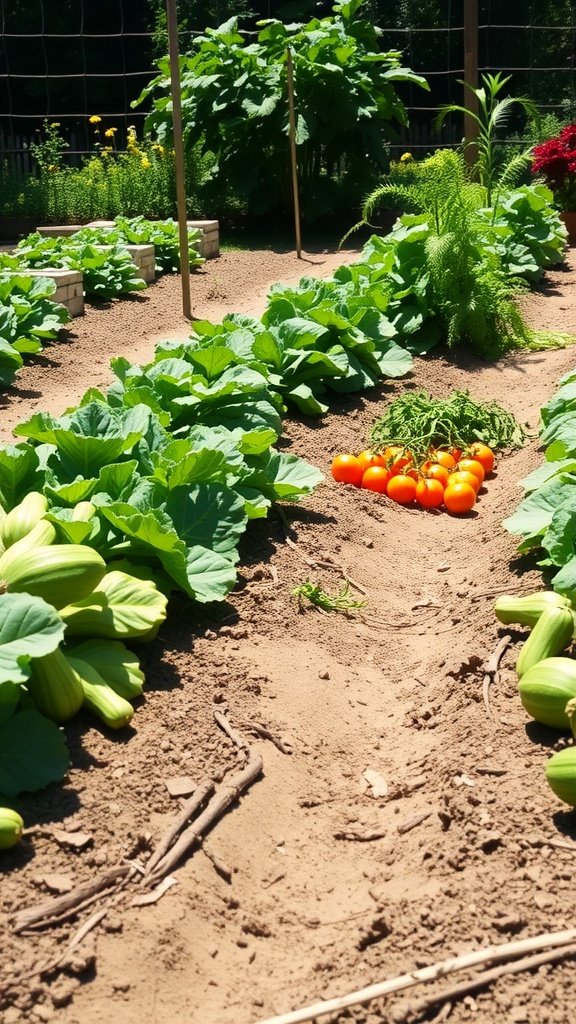 A vibrant vegetable garden with green plants and ripe tomatoes.